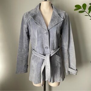 Vintage Le Chateau Suede Leather Belted Trench Coat Jacket Light Blue Size Large
